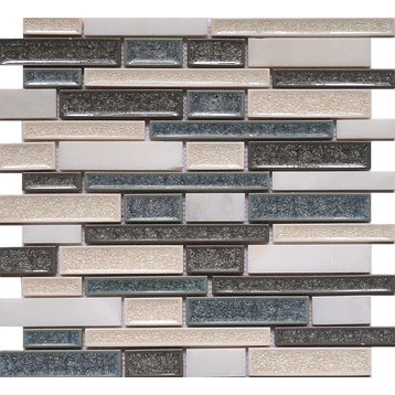 12"x11.5"Crackled Glass and Stone Mosaic Tile, Tahoe, Mixed Strips, Set of 5
