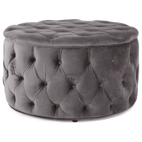 GDF Studio Maelyn Modern Glam Tufted Velvet Round Ottoman, Dark Gray