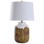 Stylecraft - Canyon, Textured Cylinder Ceramic Table Lamp, Brown and White Finish and Shade - Global appeal emanates from this rustic style table lamp. A wooden motif gives the piece an earthy quality throughout the textured ceramic base. The white shade features a mix of linen and polyester, providing a soft contrast to the ceramic body below. A contemporary piece rich with naturalism, this table lamp brings a stylish touch to foyers, living rooms and dining rooms.�