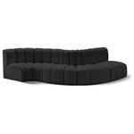 Meridian Furniture - Arc Vegan Leather Upholstered 5-Pc. S-Shaped Modular Sofa, Black - Unleash modern opulence with the Arc Vegan Leather 5pc. Sectional. Crafted for the modern connoisseur, this Sectional injects an air of refined luxury into any space. Its sleek silhouette, upholstered in supple black vegan leather, exudes timeless sophistication while the deep channel tufting adds textural intrigue, further elevating the chair's visual appeal. The modular design makes it a versatile chameleon, effortlessly adapting to your evolving needs and preferences. Whether you envision it gracing a chic living room corner, basking in the glow of a bedroom window, or adding a touch of drama to a home office, the Arc seamlessly complements your unique interior aesthetic.