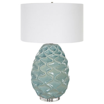 Elegant Aqua Blue Green Seafoam Wave Table Lamp 32 in Fat Graphic Squiggle Gloss