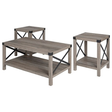 Walker Edison Metal X 3-Piece Wood and Metal Coffee Table Set in Gray Wash