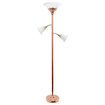 Elegant Designs 3 Light Floor Lamp With Scalloped Glass Shades, Rose Gold