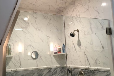 Example of a mid-sized minimalist master ceramic tile doorless shower design in Boston