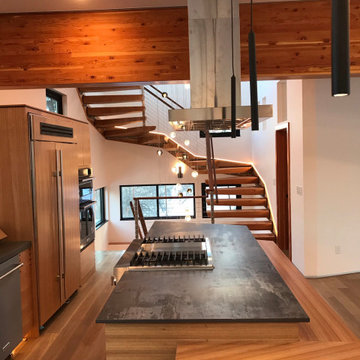 Dekton Countertop with Walnut paneled appliances and flooring