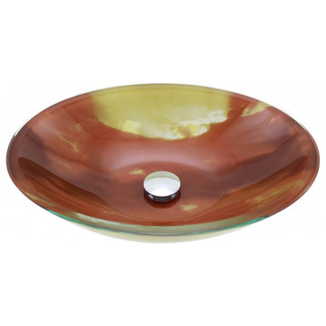 Countertop Vessel Sink Sunset Orange Tempered Glass Oval Bowl Sink with Drain