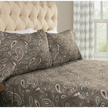 Flannel Cotton Paisley Pillowcases Bed Sheet Set, Grey Paisley, California King