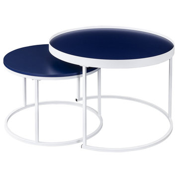 Set of 2 Nesting Coffee Table, Metal Frame With Round MDF Top, Blue/White