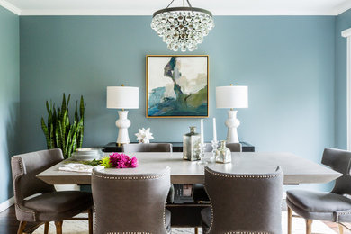Kitchen/dining room combo - small transitional carpeted and brown floor kitchen/dining room combo idea in San Francisco with blue walls and no fireplace