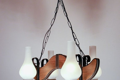 KARINA Chandelier Four Wrought Iron Arms White Glass Lamp Shade Leather Insert