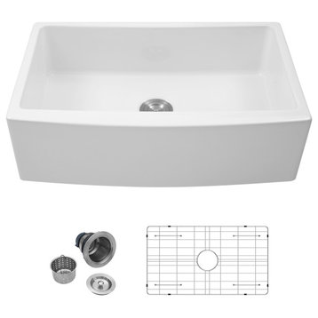 Farmhouse Ceramic Kitchen Sink Single Bowl Apron Front White Basin, 33"x21"x10