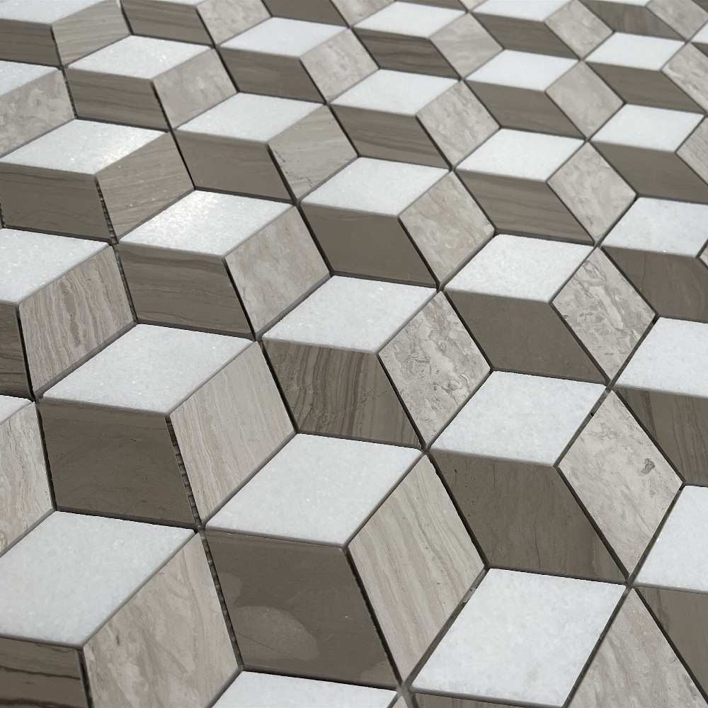 Athens Silver Cream Marble 3D Cube Diamond Geometry Hex Mosaic Tile, 1 ...