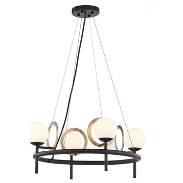 Fusion Halo 4-Light Chandelier, Matte Black Finish With Brass Ring, Opal Glass