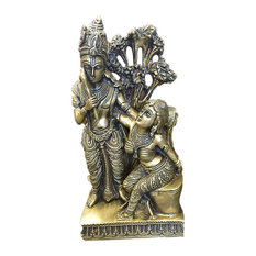 Mogul Interior - Indian Religious Gift Divine Couple Krishna Radha Brass Idol Sculpture Statue - Decorative Objects And Figurines