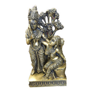 Mogul Interior - Indian Religious Gift Divine Couple Krishna Radha Brass Idol Sculpture Statue - Decorative Objects And Figurines