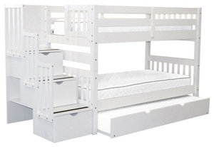 Bedz King Pine Wood Twin over Twin Stairway Bunk Bed with Twin Trundle in White