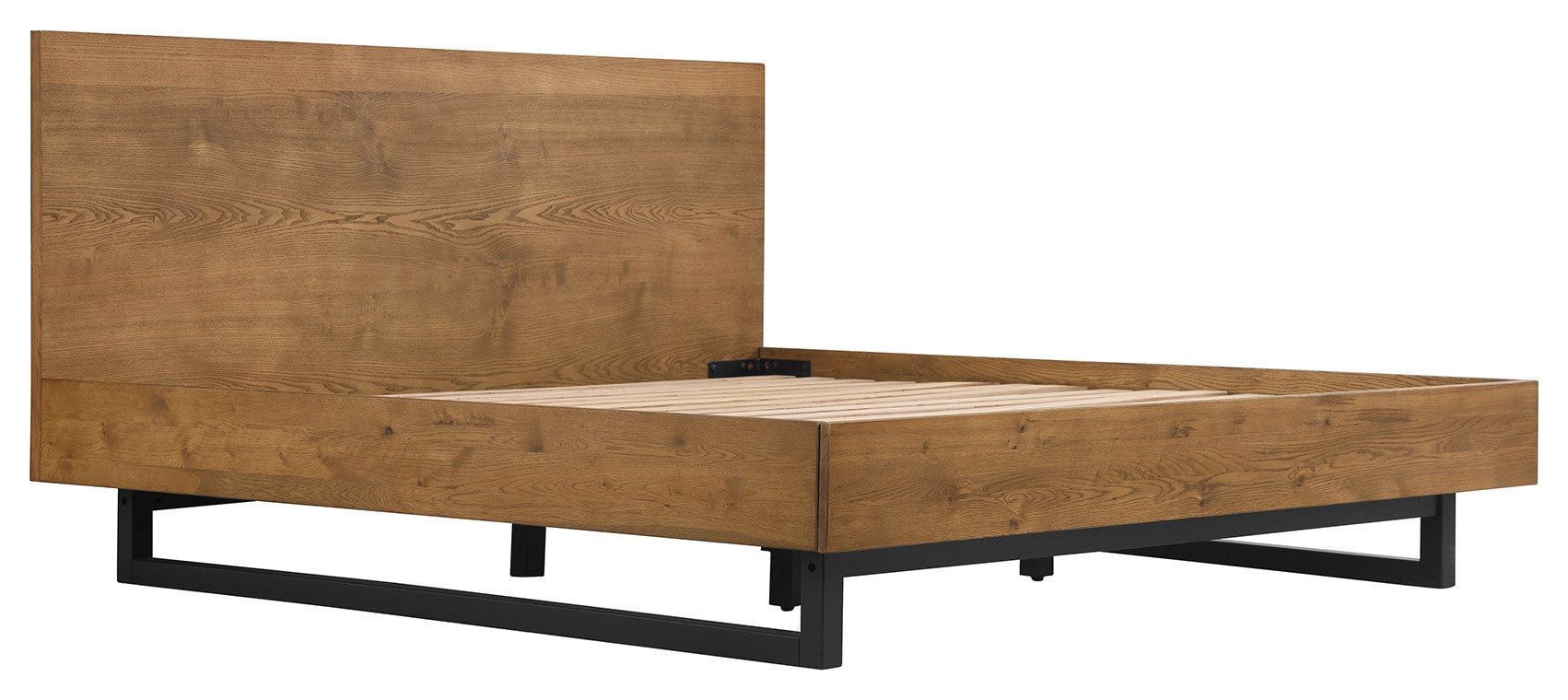 Aldo King Size Brown Oak Wood Platform Bed Frame with Black Metal Legs