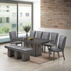 Voight 6 Piece Pedestal Dining Set, Gray Wood and Vinyl, Table, 6 Chairs, Bench