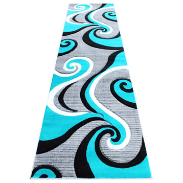 Athens Collection Runner 3' x 10' Abstract Designed Area Rug, Turquoise