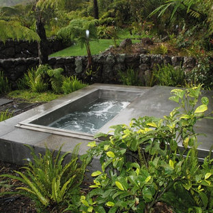 Foto di una piccola piscina fuori terra stile marinaro rettangolare in cortile con una vasca idromassaggio e pedane