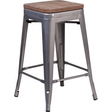 24" Backless Metal Counter Height Stool With Square Wood Seat, Clear Coated