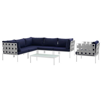 Harmony 7-Piece Outdoor Aluminum Sectional Sofa Set, White Navy