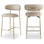Meridian Furniture - Lupita Upholstered Counter Stool, Taupe, Vegan Leather, Brushed Gold, Set of 2 - Grace, comfort, and elegance collide in the design of this Lupita taupe vegan leather counter stool. Upholstered in soft taupe vegan leather and supported by a brushed gold metal frame, it radiates luxury and modern sophistication. Perfect for kitchen islands or home bars, its counter height and contemporary design ensure both style and comfort. Elevate your space with this statement piece that harmonizes versatility and aesthetic appeal, promising to be a stunning addition to the space of your choice.