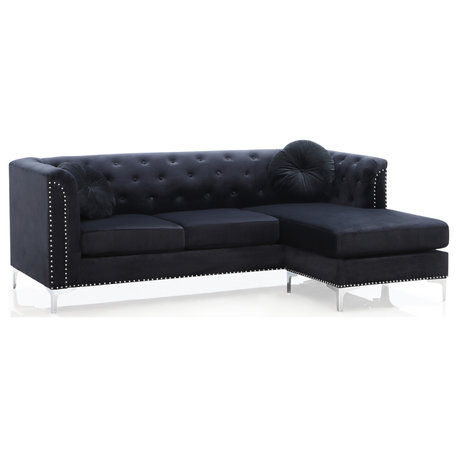 Pompano Velvet Button Tufted Sofa with Chaise, Black