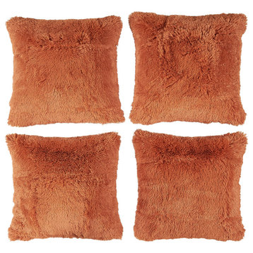 Shaggy Faux Fur Pillow Cover, Burnt Orange, Set of 4, 20"x20"