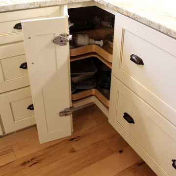 Log Cabin Rustic White Kitchen Cabinets with Granite and Wood Countertops