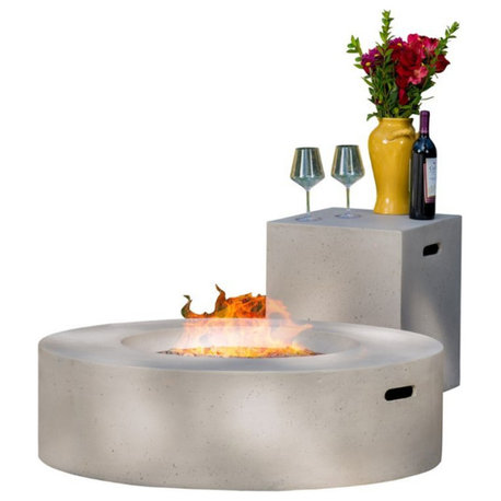 Noble House Aidan Circular Gas Fire Pit Table with Tank Holder in Light Gray