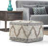 Simpli Home Sweeney Boho Square Pouf in Gray and Natural Handloom Woven Pattern