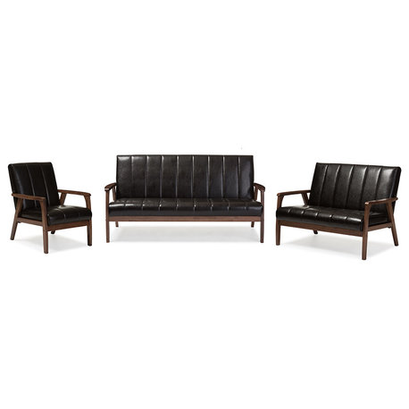 Nikko Faux Leather 3-Piece Living Room Set, Dark Brown
