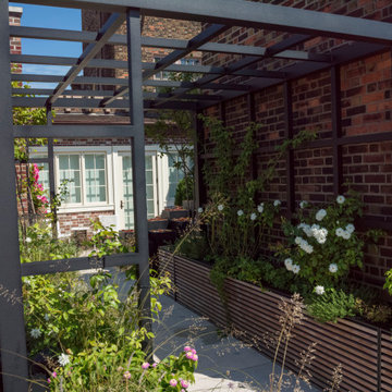 Custom Powder Coated Aluminum Pergola and Planters with Wood Cladding