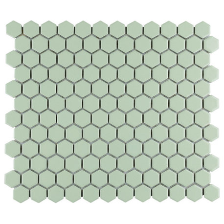 Metro 1" Hex Porcelain Mosaic Floor and Wall Tile, Glossy Mint