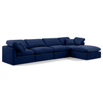 Meridian Furniture - Indulge Upholstered Modular L-Shaped Sectional, Navy, 5-Piece: 2 Armless Chair, 2 Corner Chair, 1 Ottoman, Down Stuffed Velvet - Experience ultimate comfort and style with our navy velvet Indulge Sectional. The luxurious velvet will elevate the aesthetic of any room. This sofa provides ample space for you to relax while its modular build offers the option of unlimited configurations. Whether you're looking to add a stylish element to your living room or a comfortable seating option to your bedroom, this sofa is the perfect choice.