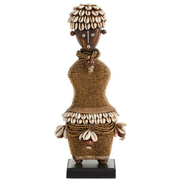 Pine Wood, Cowrie Shells, Orange Beads & Kente Cloth African Woman Namji Doll