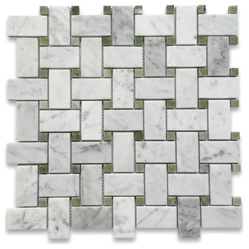Carrara Venato Marble 1x2 Basketweave Mosaic Tile Green Dots Polished, 1 sheet