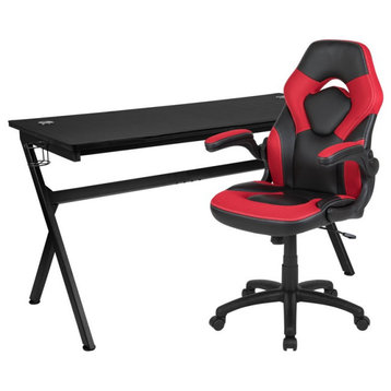 Modern Desk & Padded Chair, Rectangular Top With Removable Mouse Pad, Red