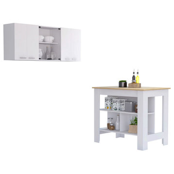 Norfolk 2-Piece Kitchen Set, Kitchen Island & Upper Wall Cabinet, White/Light Oak