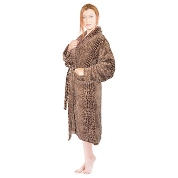 Alligator Printed Microfiber Flannel Fleece Bath Robe, Brown, S/M