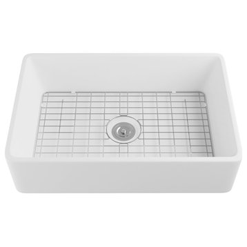 33'' Farm Kitchen Sink Ceramic Rectangular Single Bowl With Grid and Strainer