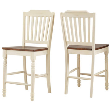 Set of 2 Counter Dining Chair, Antique White Rubberwood Frame With Cherry Seat