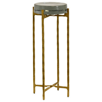 Jolly Rancher Disk Top Drink Table With Gold Metal Base, Clear Smoke