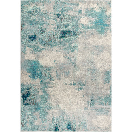 Contemporary POP Modern Abstract Vintage Area Rug, Cream/Blue, 5 X 8