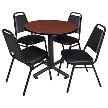 Kobe 30" Round Breakroom Table- Cherry & 4 Restaurant Stack Chairs- Black