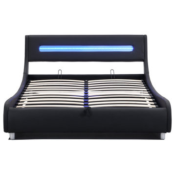 Modern Platform Bed, Underneath Storage, Headboard With LED Light, Black, Full