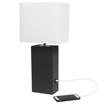 Elegant Designs Modern Leather Table Lamp With Usb and White Shade, Black