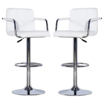 Home Square Quilted Back Metal Swivel Bar Stool in Chrome and White - Set of 2