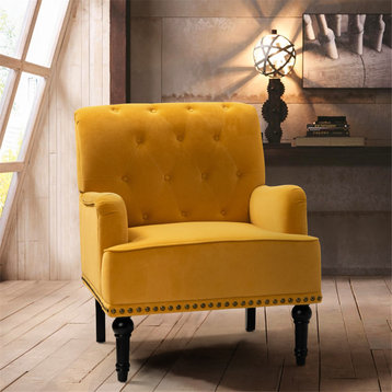 Upholstered Accent Armchair With Nailhead Trim, Mustard